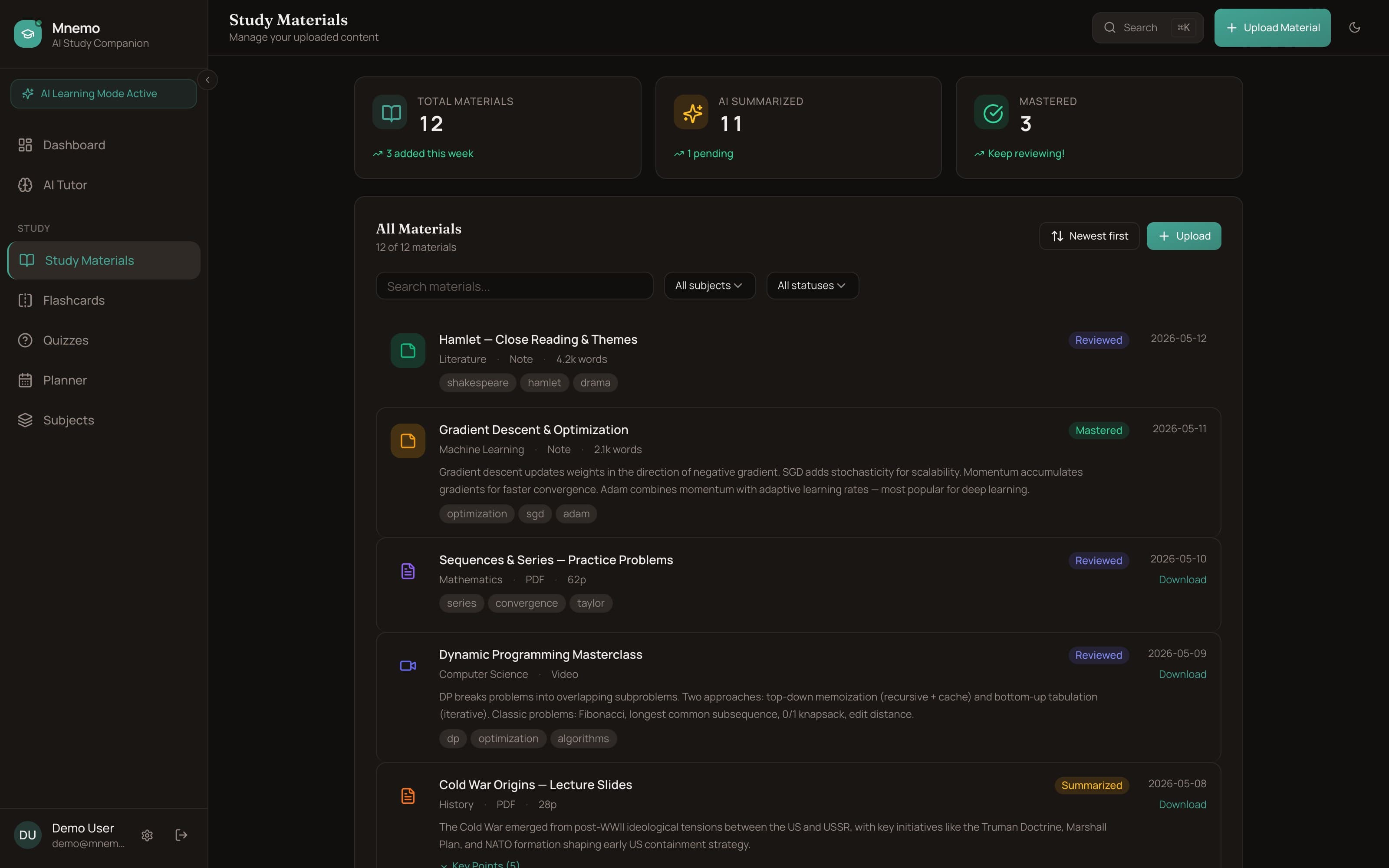 Mnemo's study materials page, “Manage your uploaded content”, with counters for total materials, AI-summarized and mastered, over a list of seeded notes and PDFs carrying pipeline status and tags.