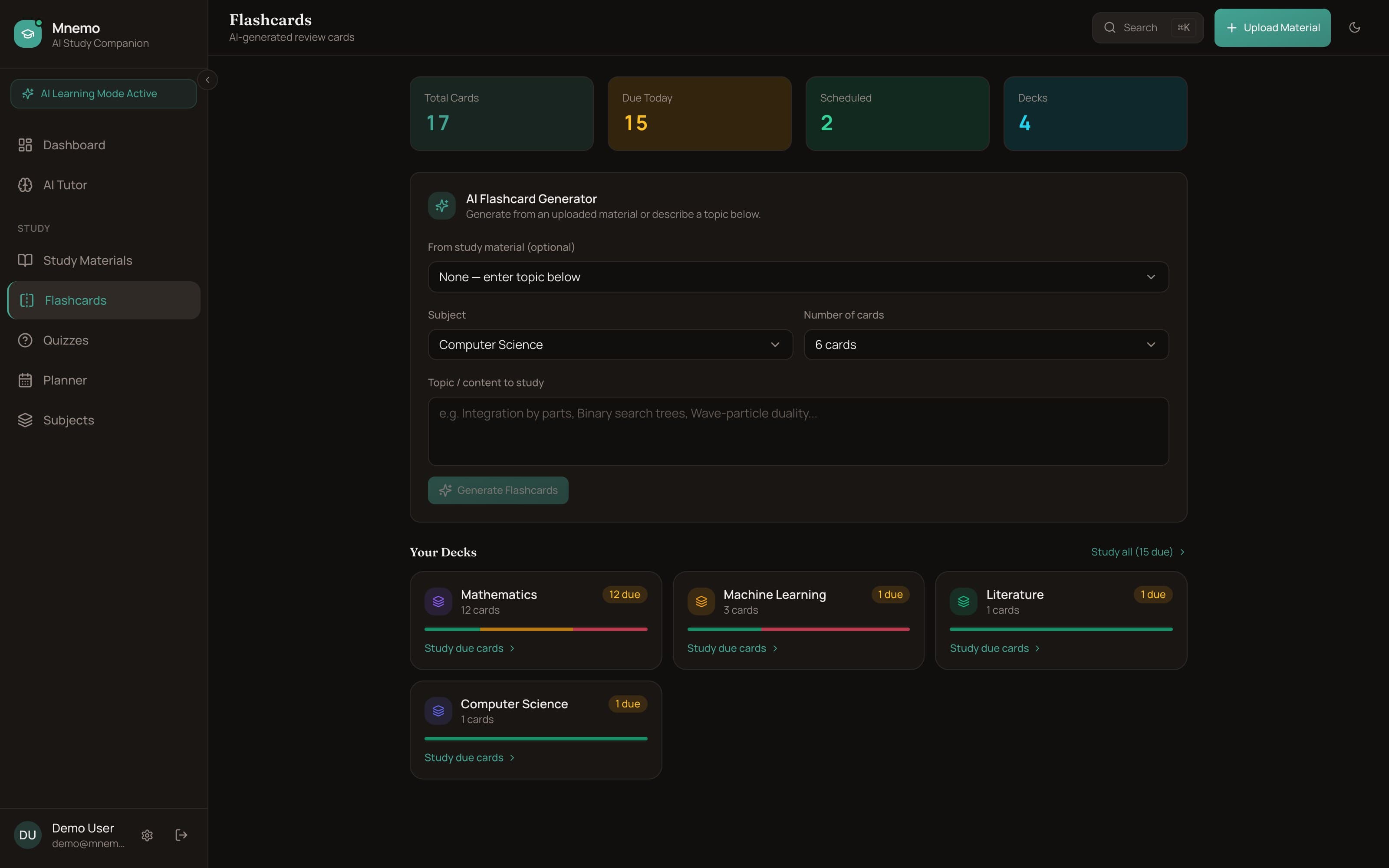 Mnemo's flashcards page: counters for total cards, due today, scheduled and decks, an “AI Flashcard Generator” panel that takes a material or a typed topic, and a grid of subject decks each showing its own due count.