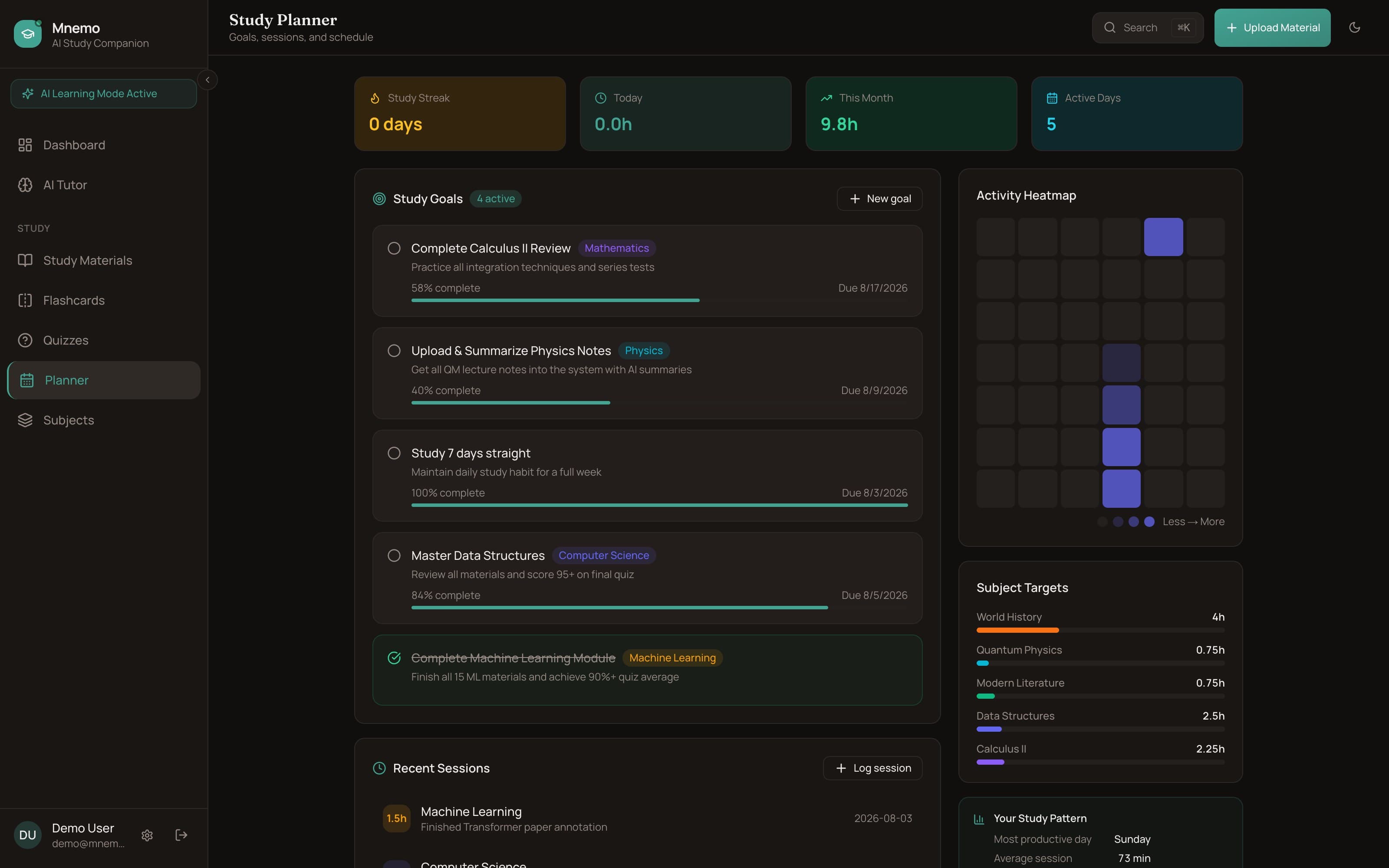 Mnemo's study planner: a “Study Streak” tile beside today's and this month's hours and an active-days count, over goals with progress bars, recent sessions and an activity heatmap.