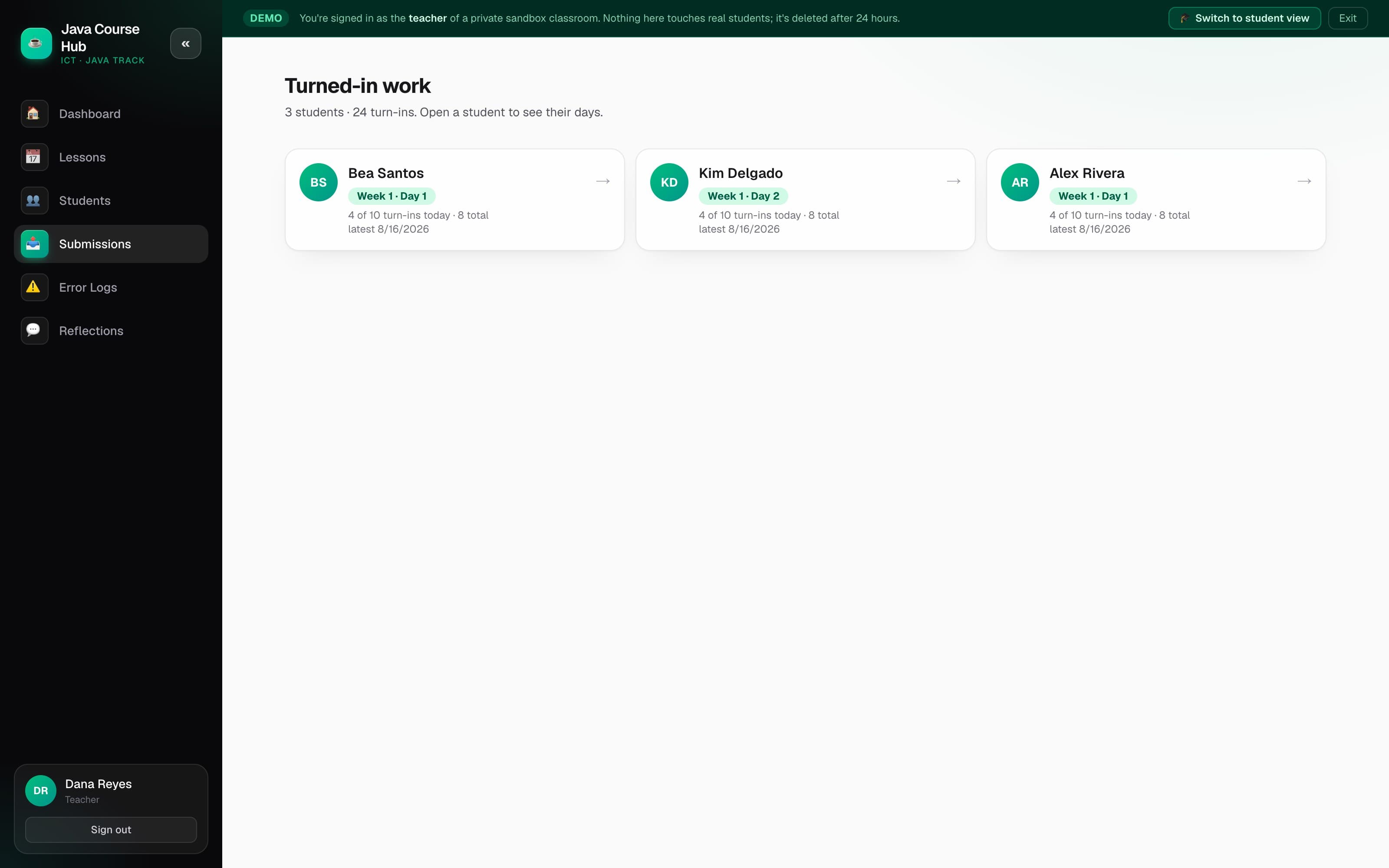 The teacher's “Turned-in work” view for the demo cohort, summarised as “3 students · 24 turn-ins”, with a card per seeded classmate — Bea Santos, Kim Delgado and Alex Rivera — each showing the week and day they are on and when they last submitted.